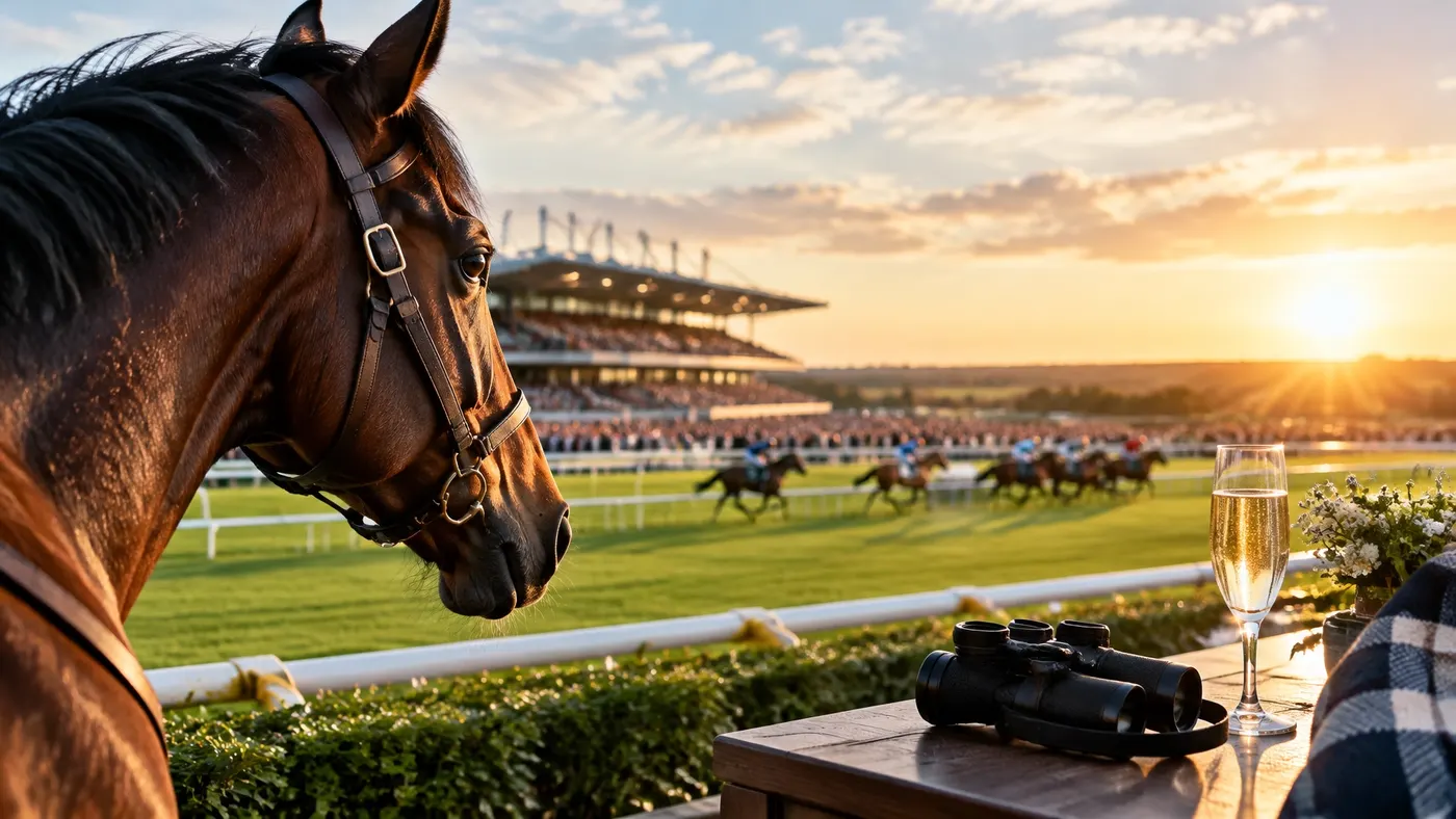 A racehorse watching the track at sunset as horses run in the distance