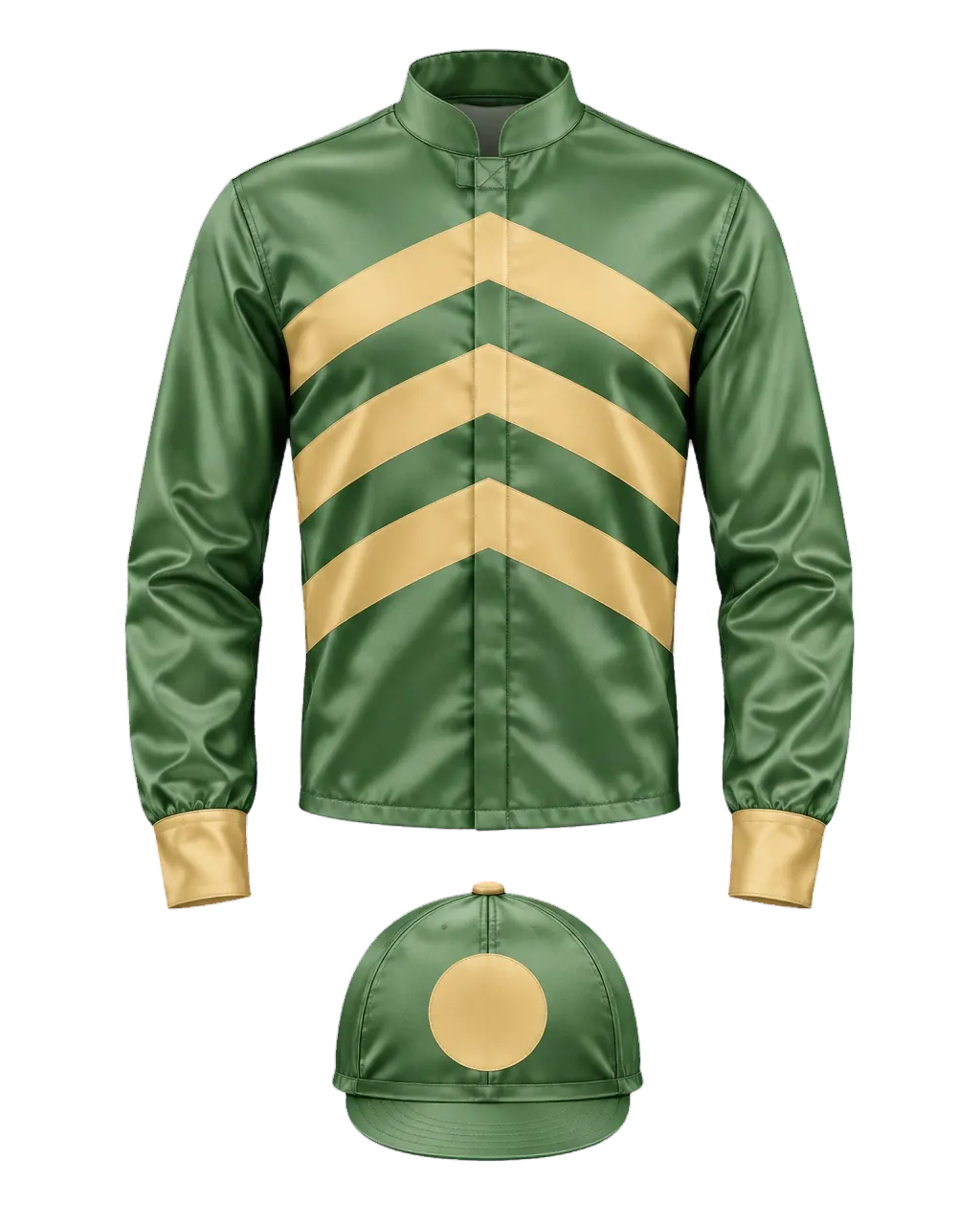 Glossy GoldenBlue Racing jockey silks with Sandy Gold chevrons, cuffs, and cap detail