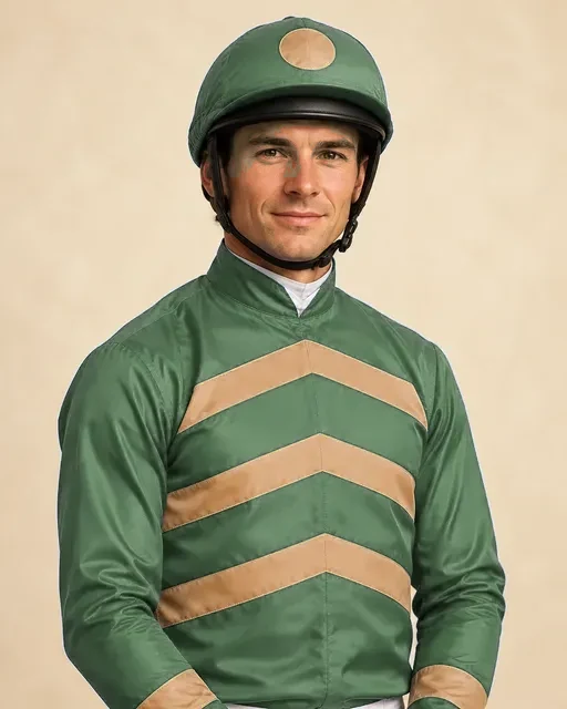 Jockey wearing GoldenBlue Racing silks with three gold chevrons, gold cuffs, and a gold-disc cap