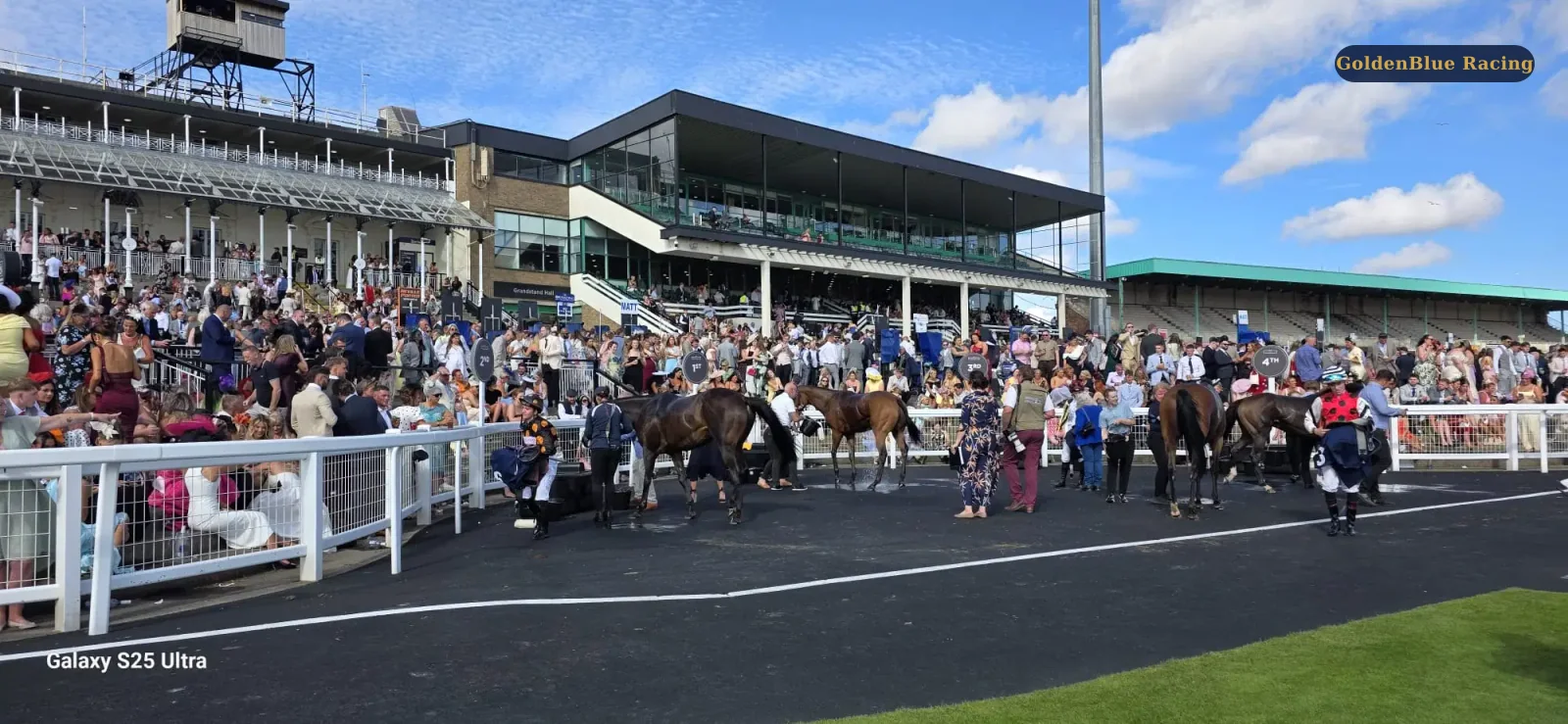 Racehorses and jockeys gathering in the paddock beneath the grandstand on race day