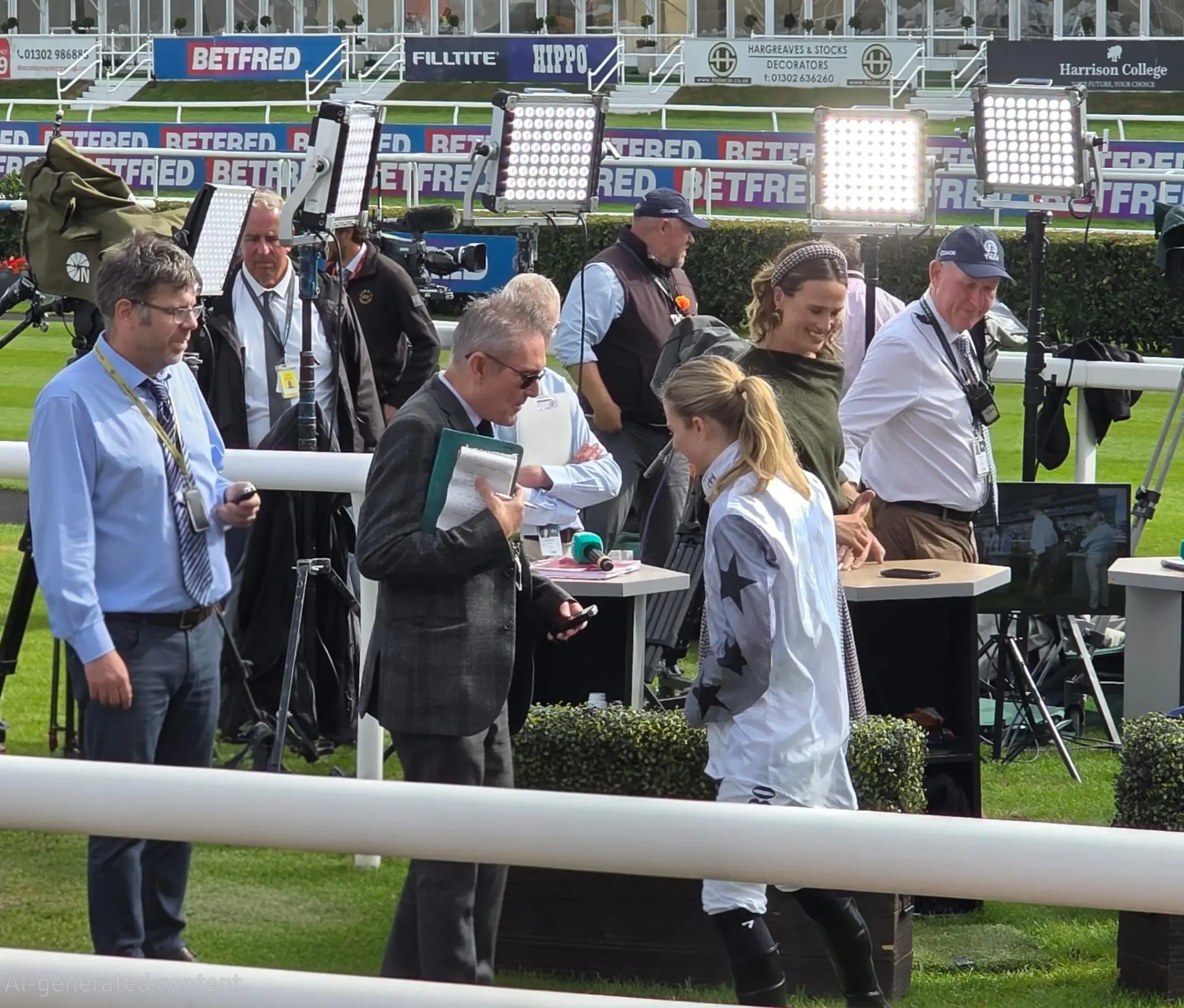 Race-day broadcast and production setup beside the rail with camera operators and event signage